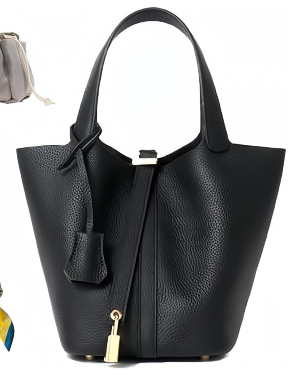 Genuine Leather Bucket Bag with Gold Detailing